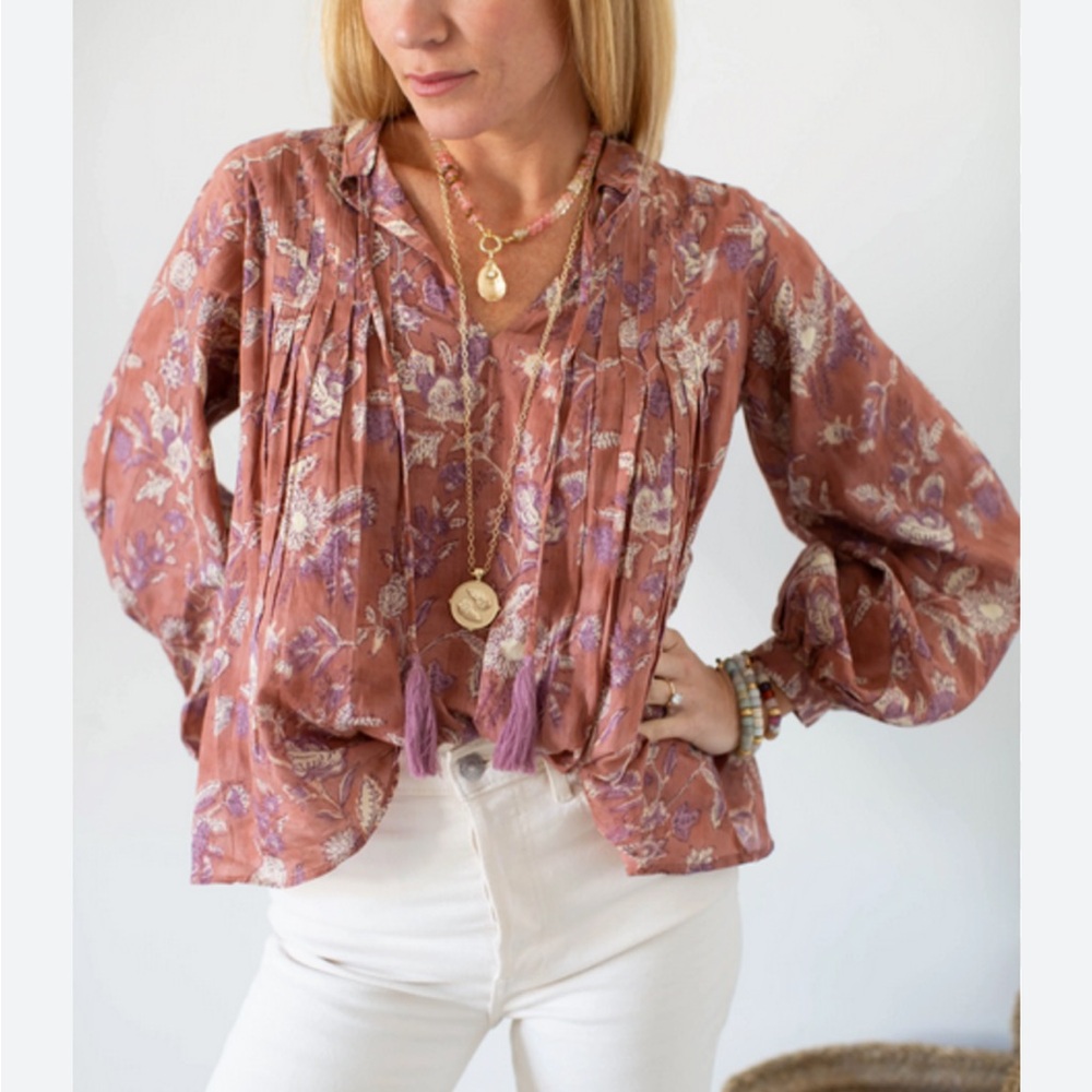 MAREA by Liz Joy - Boho Floral Pintuck Blouse in Dusty Rose